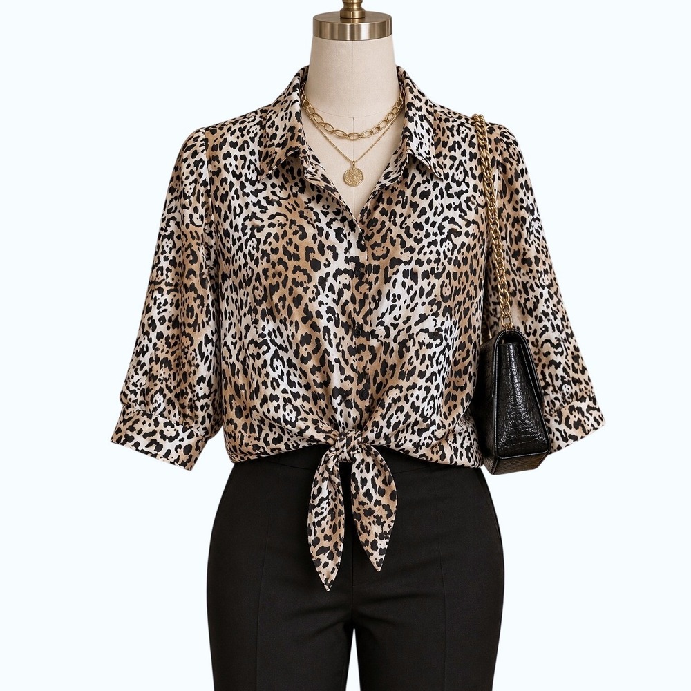 Chicos No-Iron Leopard Print Tie Front Button Down Shirt Tan Black Size Small